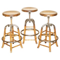 SUITE OF THREE Vintage INDUSTRIAL PAINTERS HEIGHT ADJUSTABLE BAR KITCHEN STOOLS