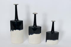 Suite of Three Bruno Gambone Off White Matte & Black Running Glaze Ceramic Vases