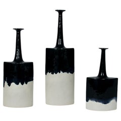 Suite of Three Bruno Gambone Off White Matte & Black Running Glaze Ceramic Vases