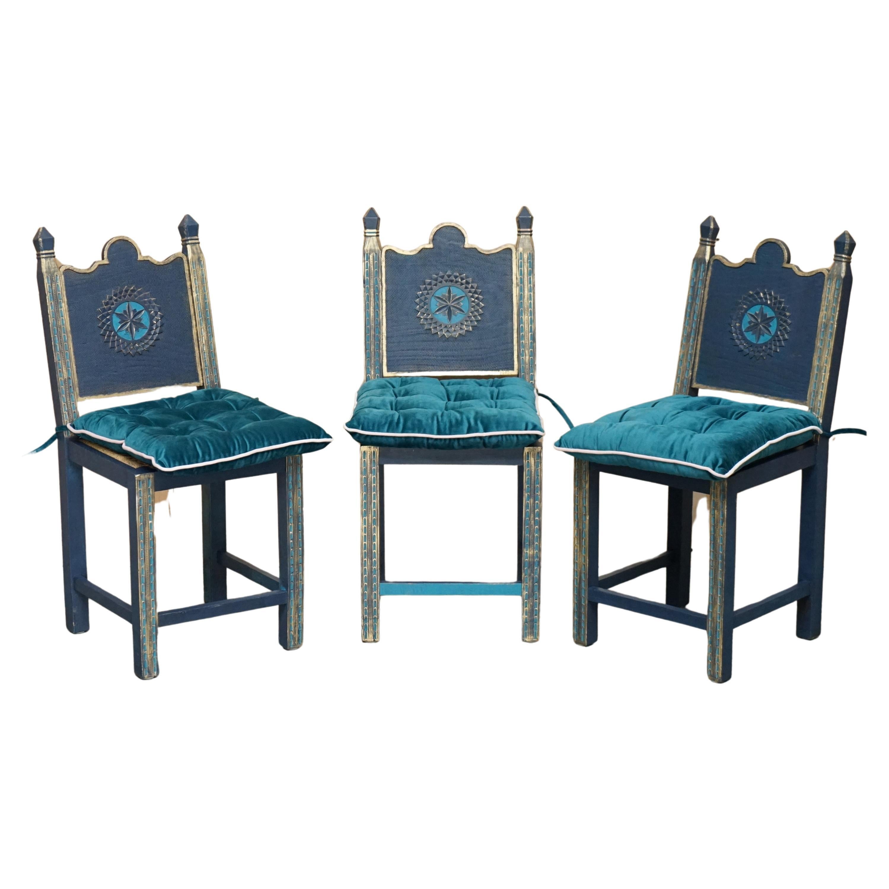SUITE OF THREE HIGH SEAT HAND PAINTED SiDE CHAIRS IN THE GOTHIC REVIVAL TASTE For Sale