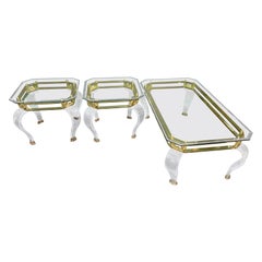 Set di tre tavolini in stile Hollywood Regency con piano in vetro, tavolino da caffè e lampada