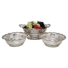 Suite of Three Large Antique Sterling Silver Baskets Centrepiece London 1907