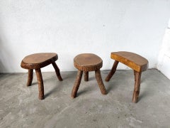 Suite of Three Rustic Tripod Stools in Raw Solid Wood