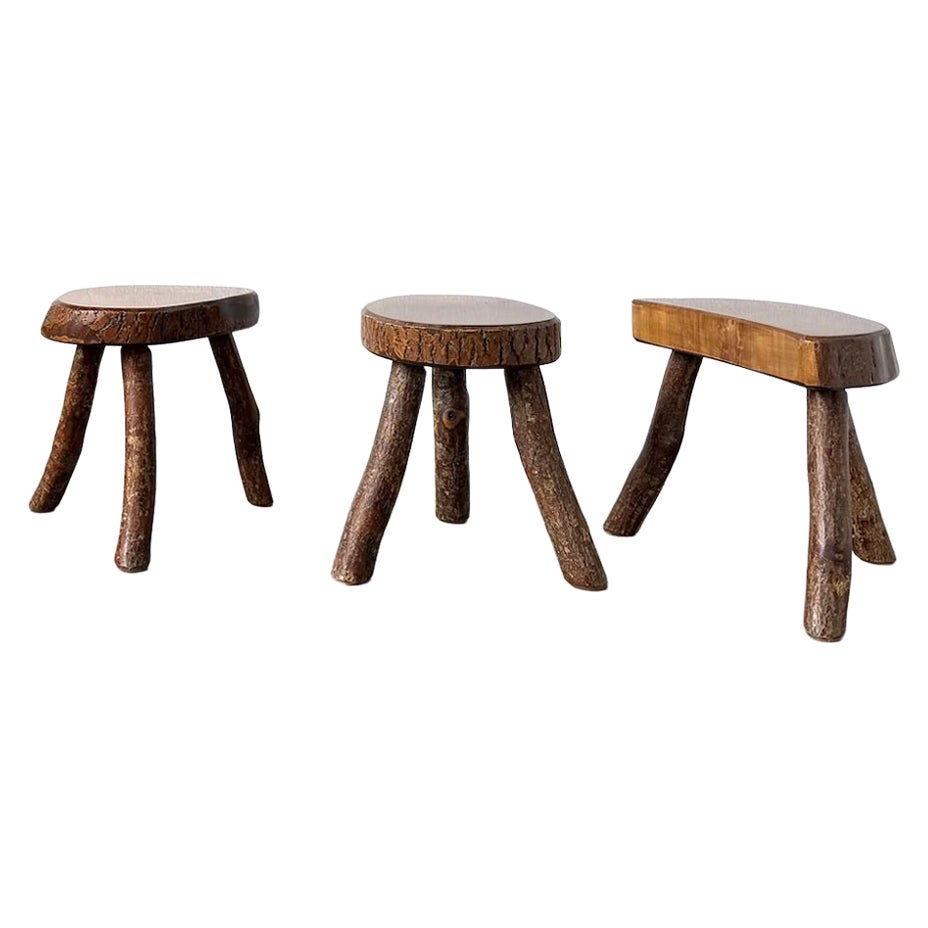 Suite of Three Rustic Tripod Stools in Raw Solid Wood For Sale