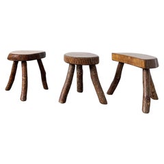 Suite of Three Rustic Tripod Stools in Raw Solid Wood