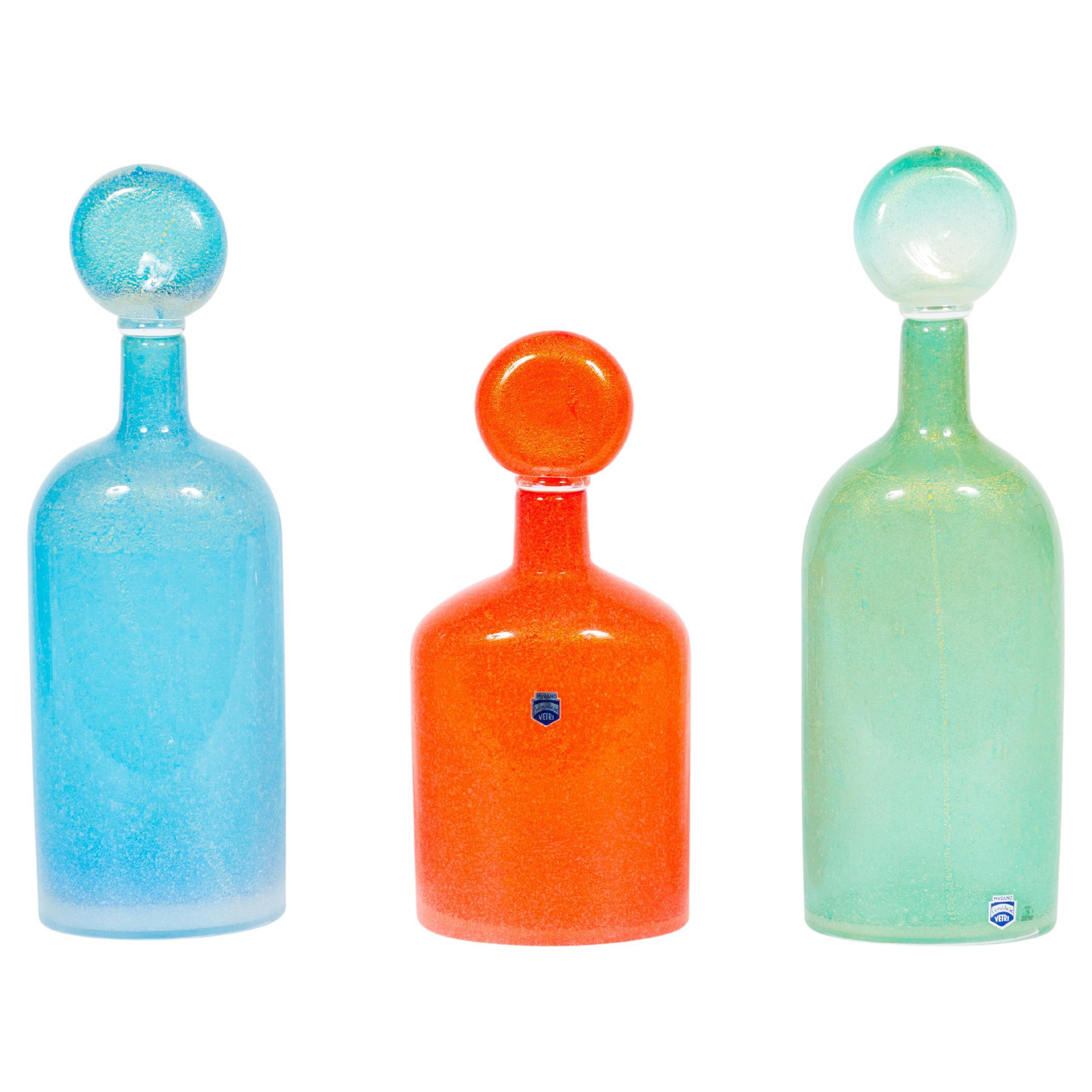 Suite of Three Submerged Glass Bottles with Gold Inclusion by Cenedese, Circa 19 For Sale