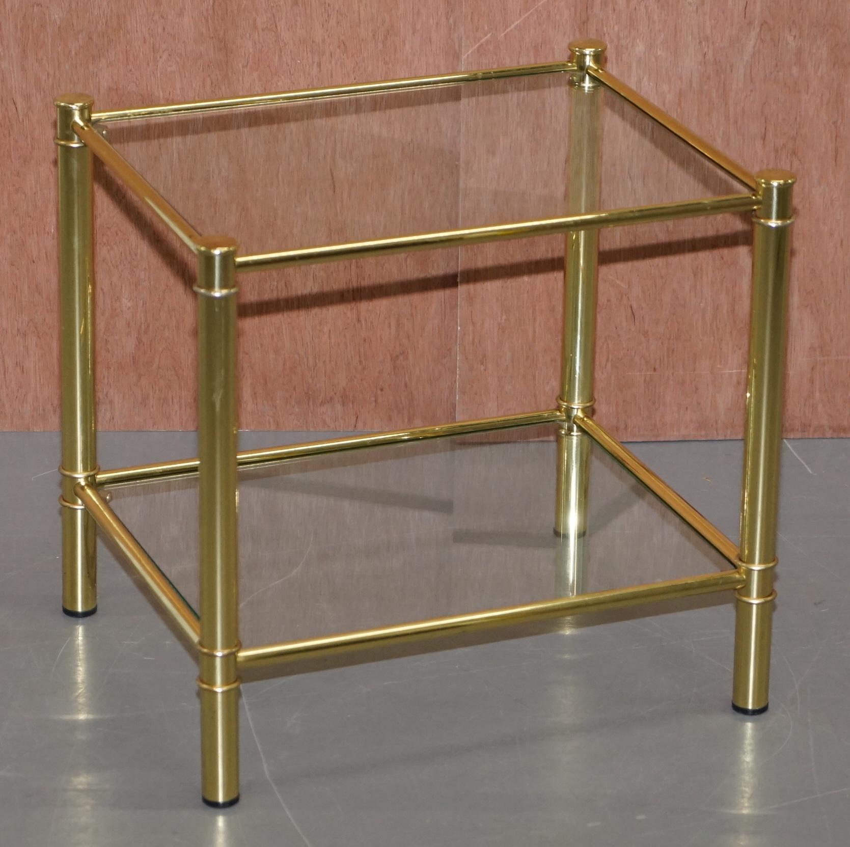 We are delighted to offer for sale this lovely suite of three gilt brass side tables with glass shelves

A good looking vintage suite, they were being used as two side tables and one small coffee table but could easily be used as three side