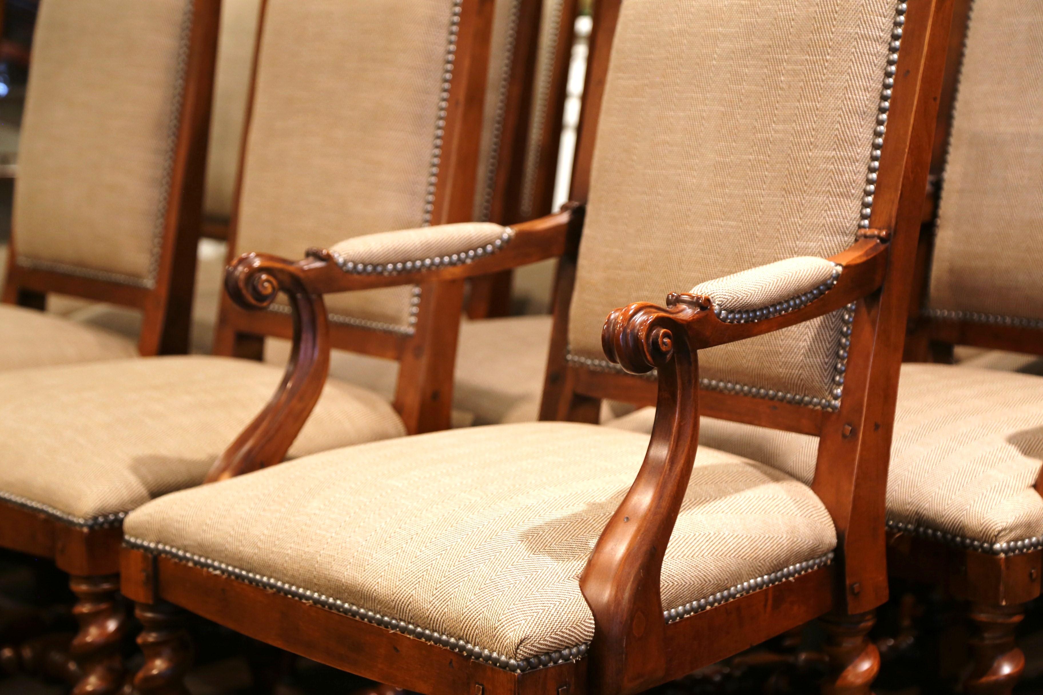 Suite of Twelve Carved Walnut Chairs from Ralph Lauren with Chenille and Leather 2