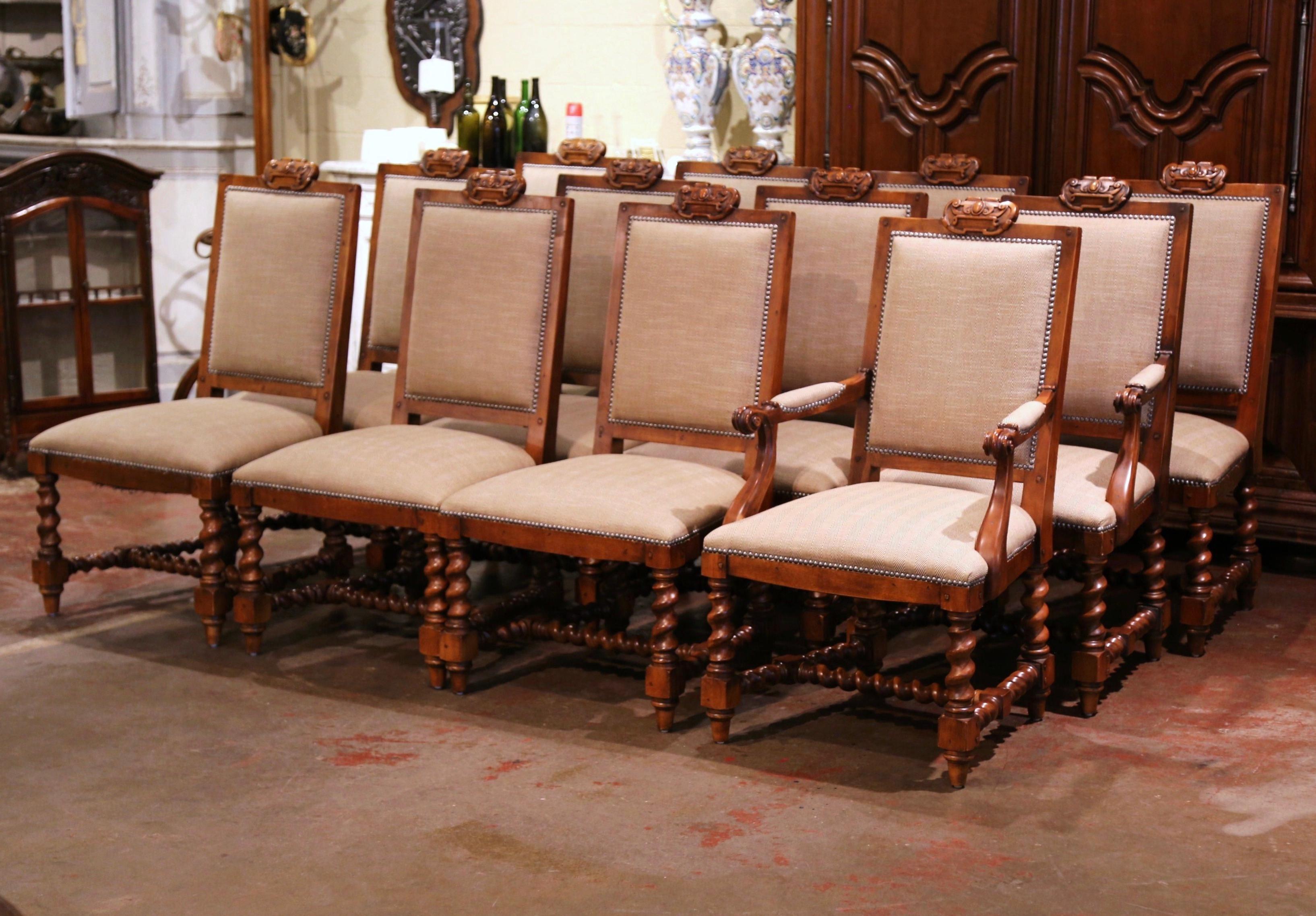 Louis XIII Suite of Twelve Carved Walnut Chairs from Ralph Lauren with Chenille and Leather