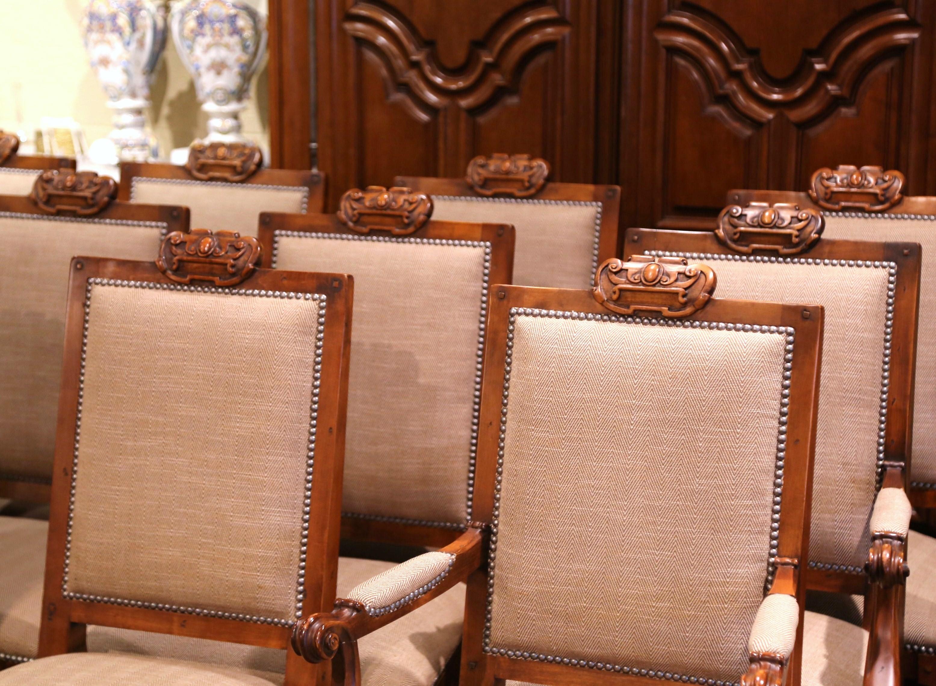 American Suite of Twelve Carved Walnut Chairs from Ralph Lauren with Chenille and Leather