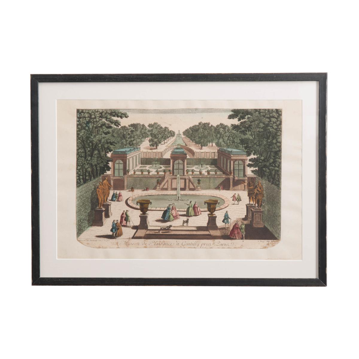 Paper Suite of Twenty French 18th Century Hand Colored Vue d'Optique Etchings