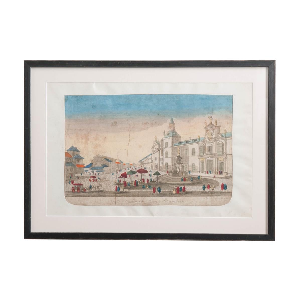 Suite of Twenty French 18th Century Hand Colored Vue d'Optique Etchings 1