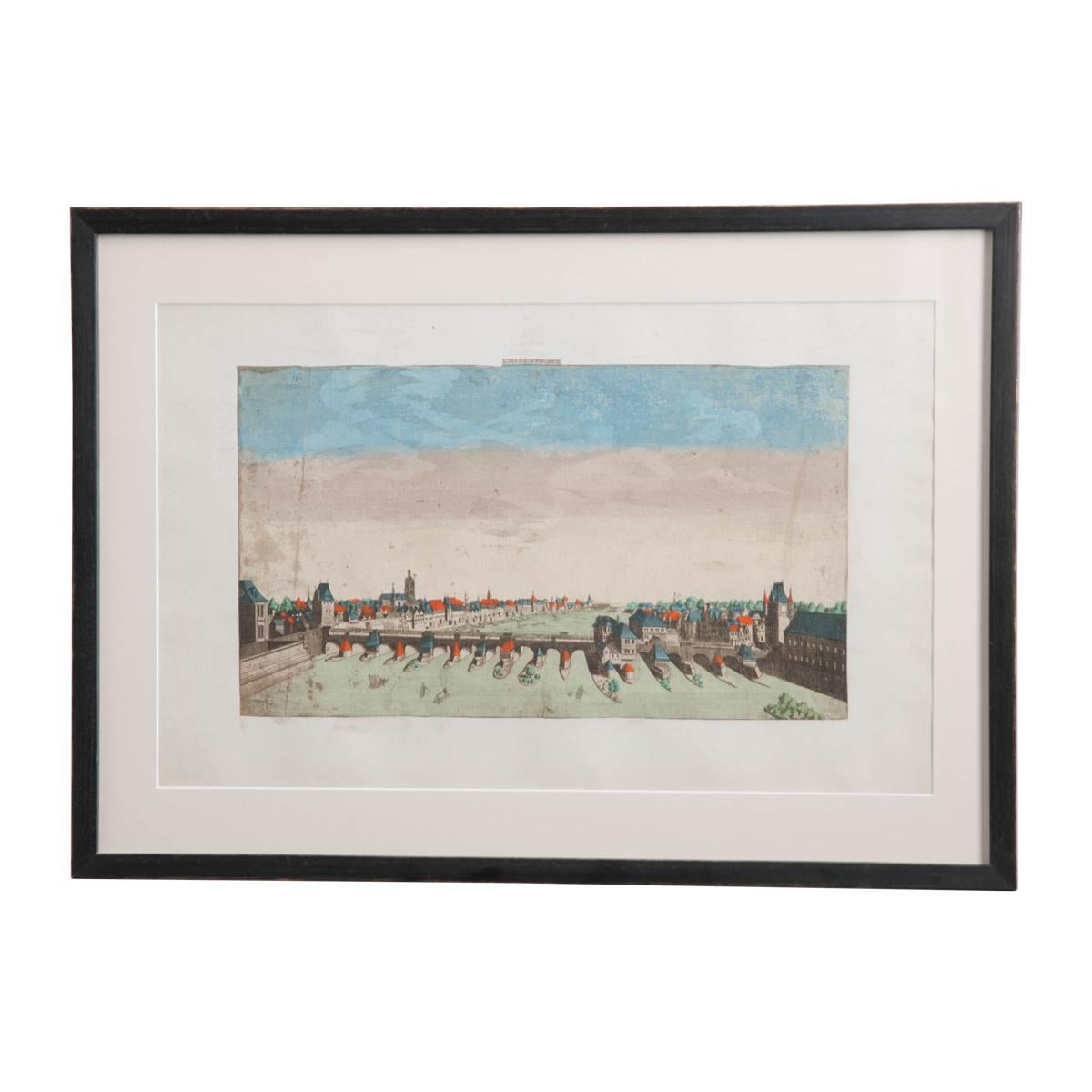 A suite of twenty hand colored Vue d’Optique etchings, depicting various cityscapes and interior views of European cities. Some included are the Royal Palace of Hampton Court, Ruspoli Palace of Rome, The Royal Prison of Madrid, St. James Park Canal
