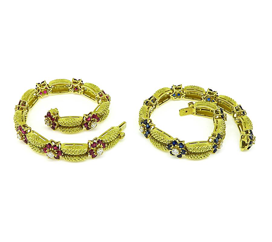 Round Cut Suite of Two Bertina 2.70cttw Diamond 6.00ct Ruby 6.00ct Sapphire Gold Bracelet For Sale