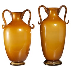 Antique Suite of Two Murano Amber with Gold Flecks Glass Urns by Stefano Toso