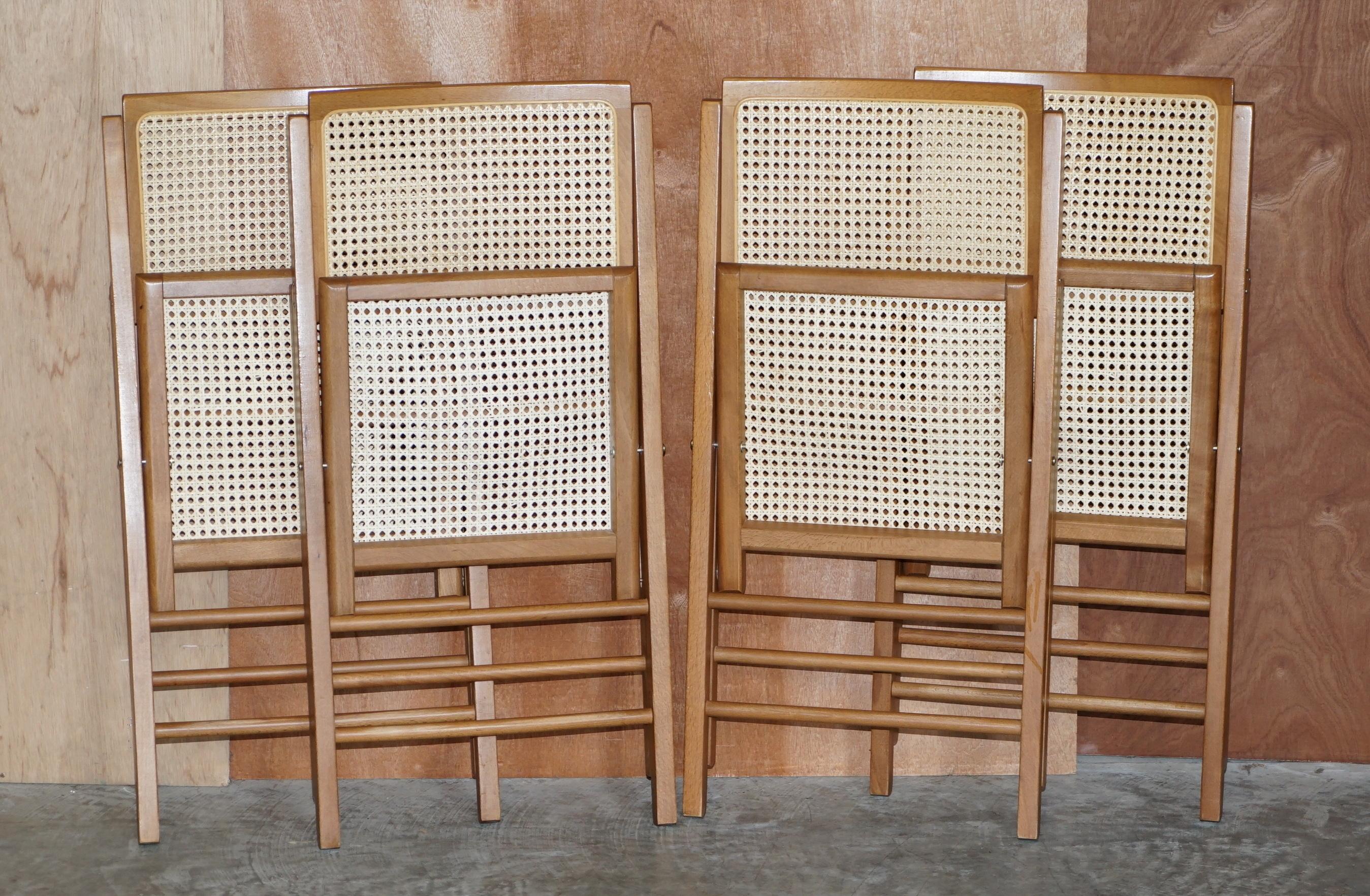 We are delighted to offer for sale this lovely suite of four beech wood bergere rattan Military Campaign style folding chairs

A very good looking and well made suite, they fold away nicely and take up almost no room at all

In terms of the