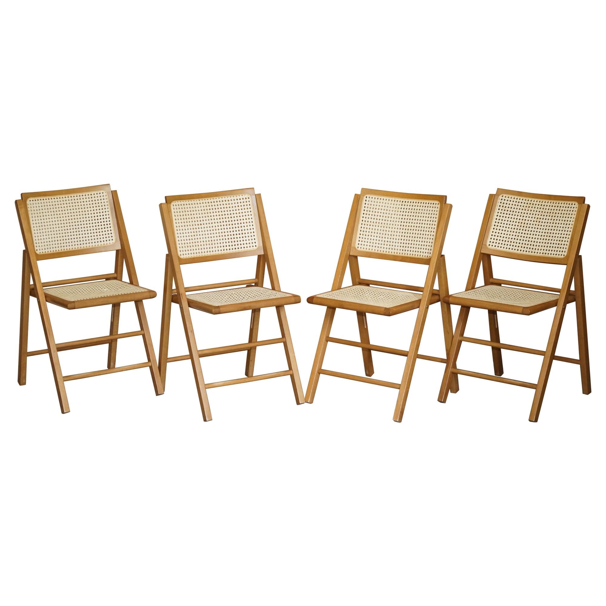 Four Vintage Beech Wood Bergere Rattan Folding Military Campaign Style Chairs