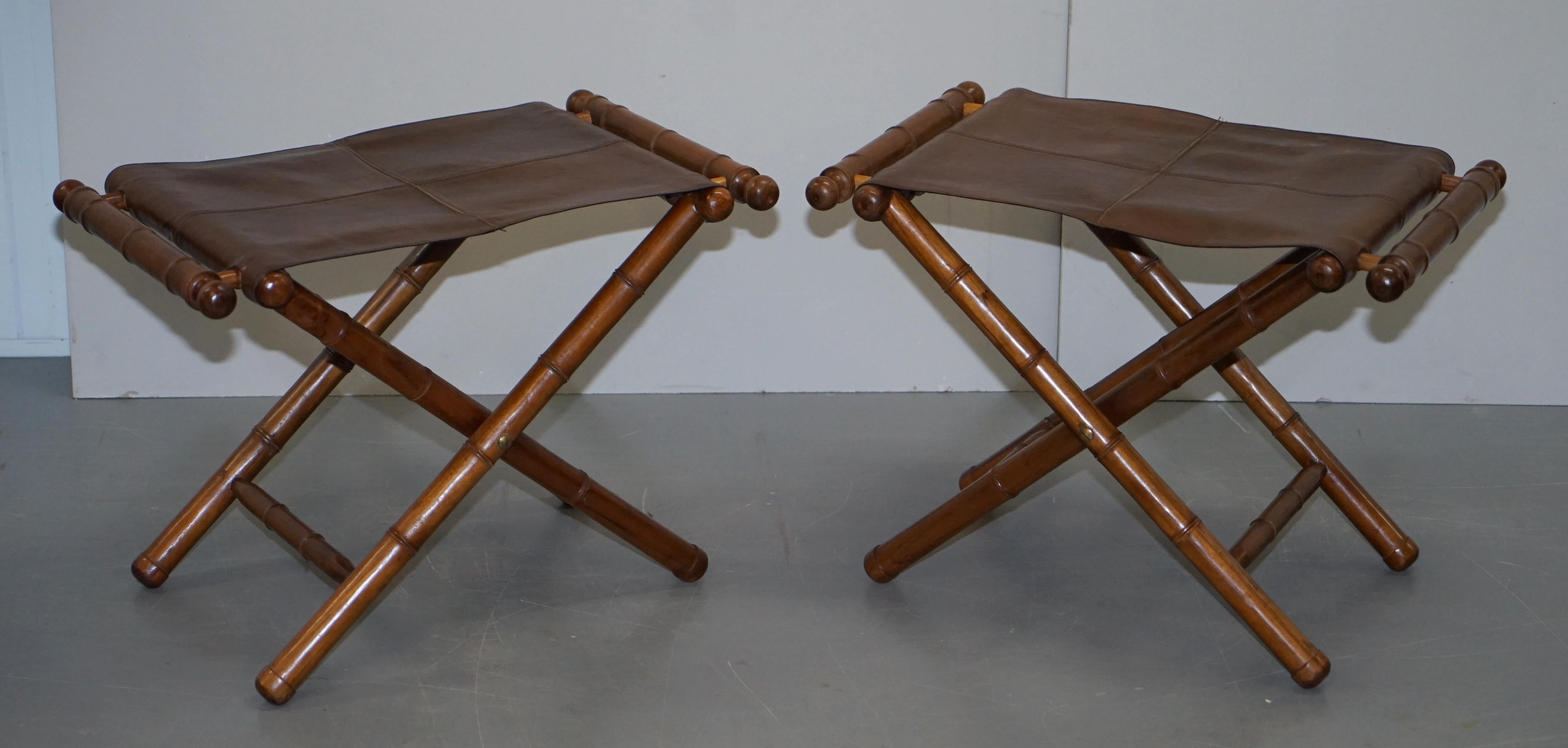 Suite of Vintage Brown Leather Steamer Folding Armchairs, Stools & Coffee Table 8