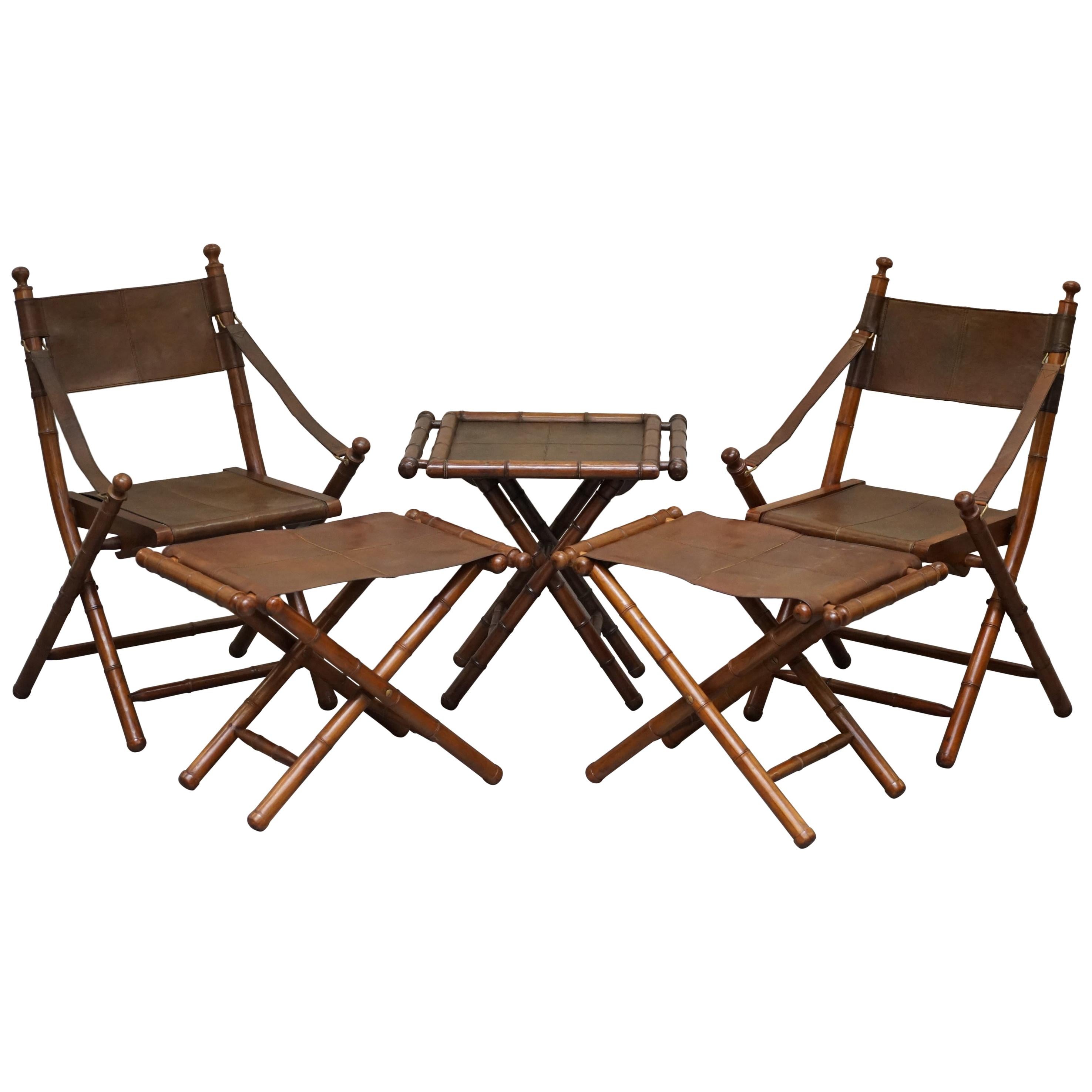 Suite of Vintage Brown Leather Steamer Folding Armchairs, Stools & Coffee Table