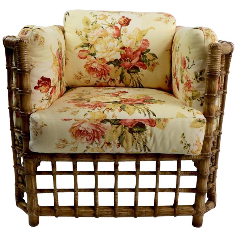 Suite of bamboo and reed  furniture by Willow and Reed Furniture to include two large even arm club, lounge chairs and one matching footrest, ottoman,   designed by Henry Olko. All pieces are in very clean, ready to use and original condition.
