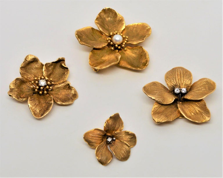 Suite of Yellow Gold Diamond Pearl Floral Brooch Pins at 1stDibs