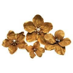 Suite of Yellow Gold Diamond Pearl Floral Brooch Pins