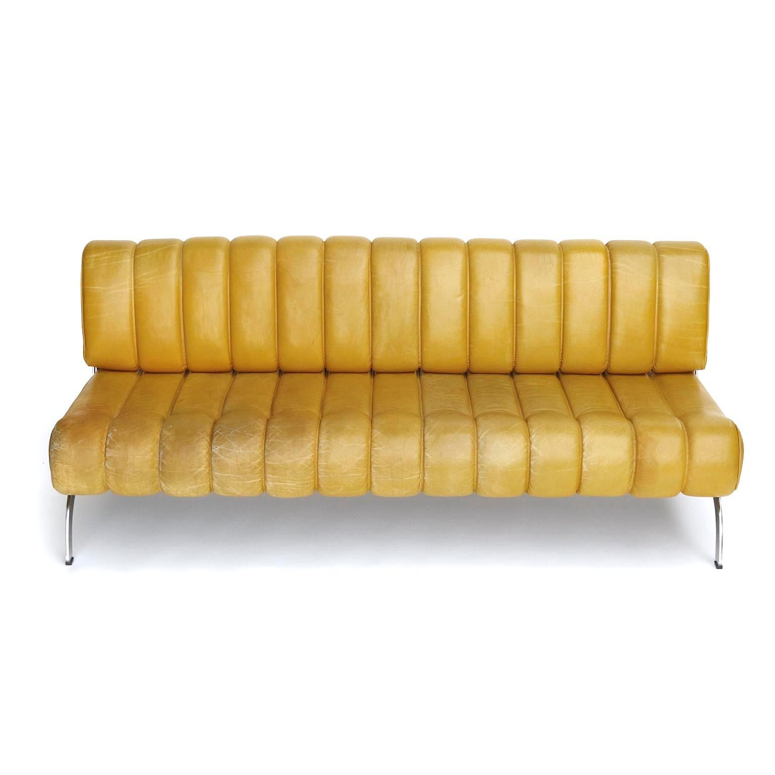 Mid-Century Modern Suite Sofa Daybed Armchairs Table Independence Karl Wittmann Yellow Leather 1970
