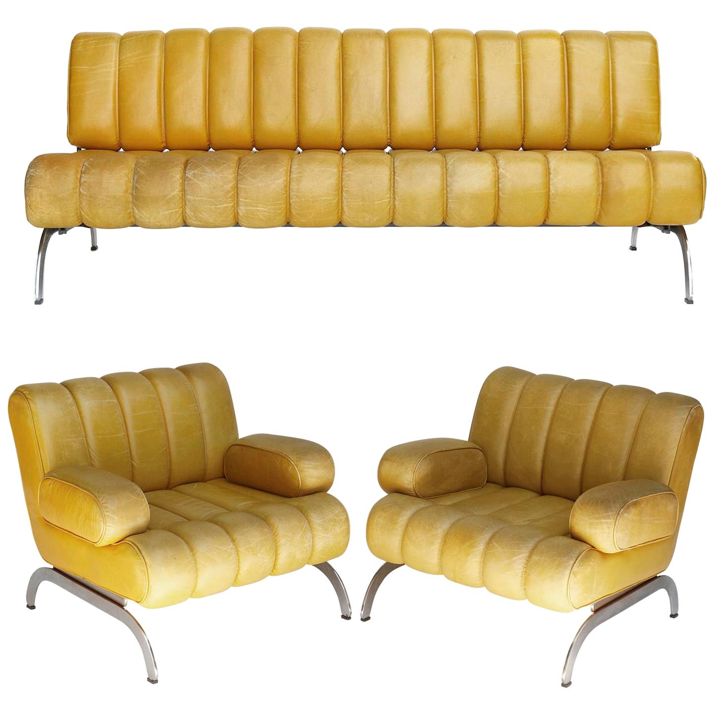 Suite Sofa Daybed Armchairs Table Independence Karl Wittmann Yellow Leather 1970
