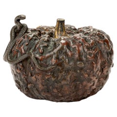 Bronze suiteki in the shape of a pumpkin with a snake, signed Masayuki