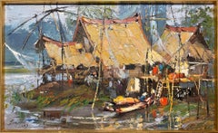 Sujarit Hirankul Thai artist, view of Siam (Thailand) Village scene 1969