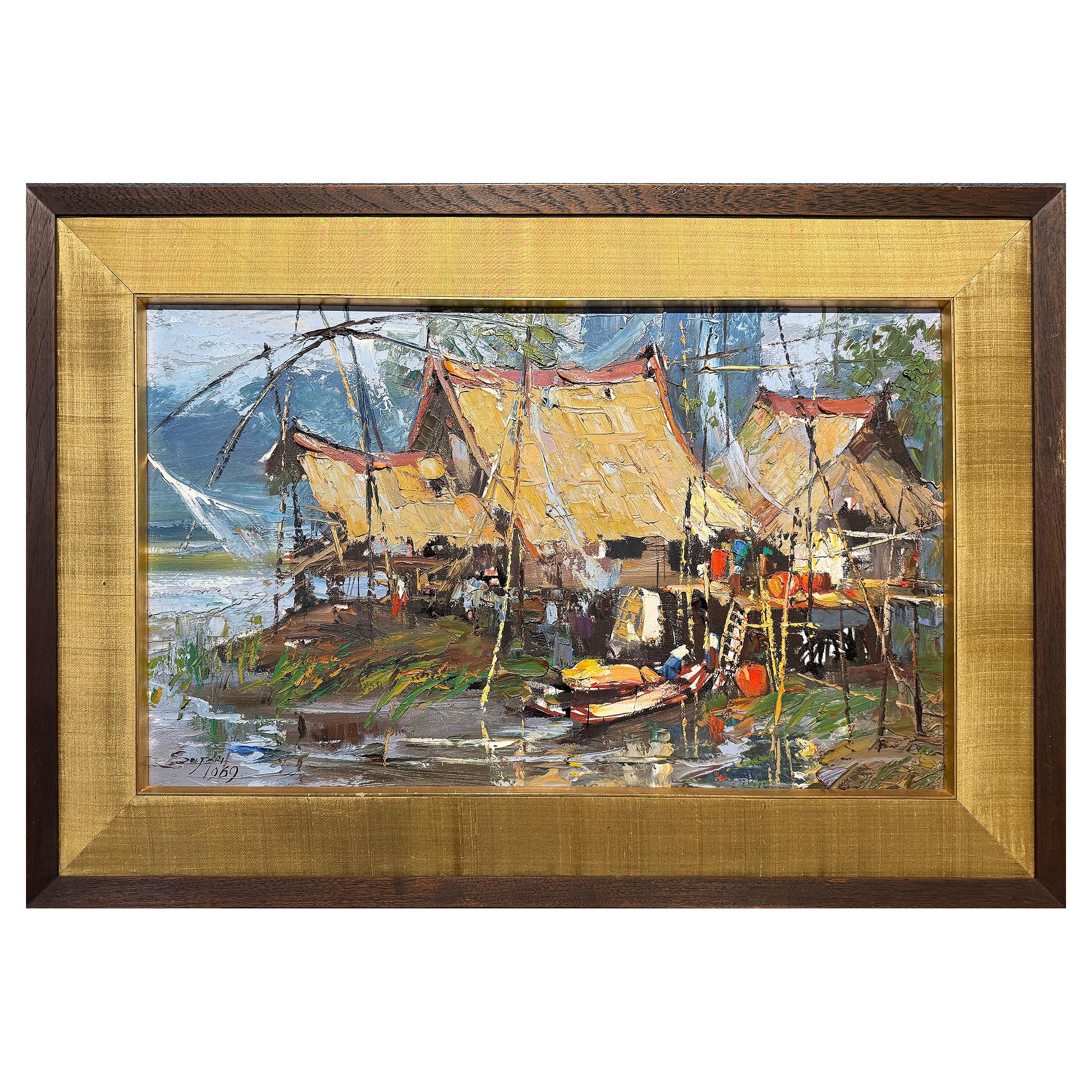 Sujarit Hirankul Thai artist, view of Siam (Thailand) Village scene 1969
