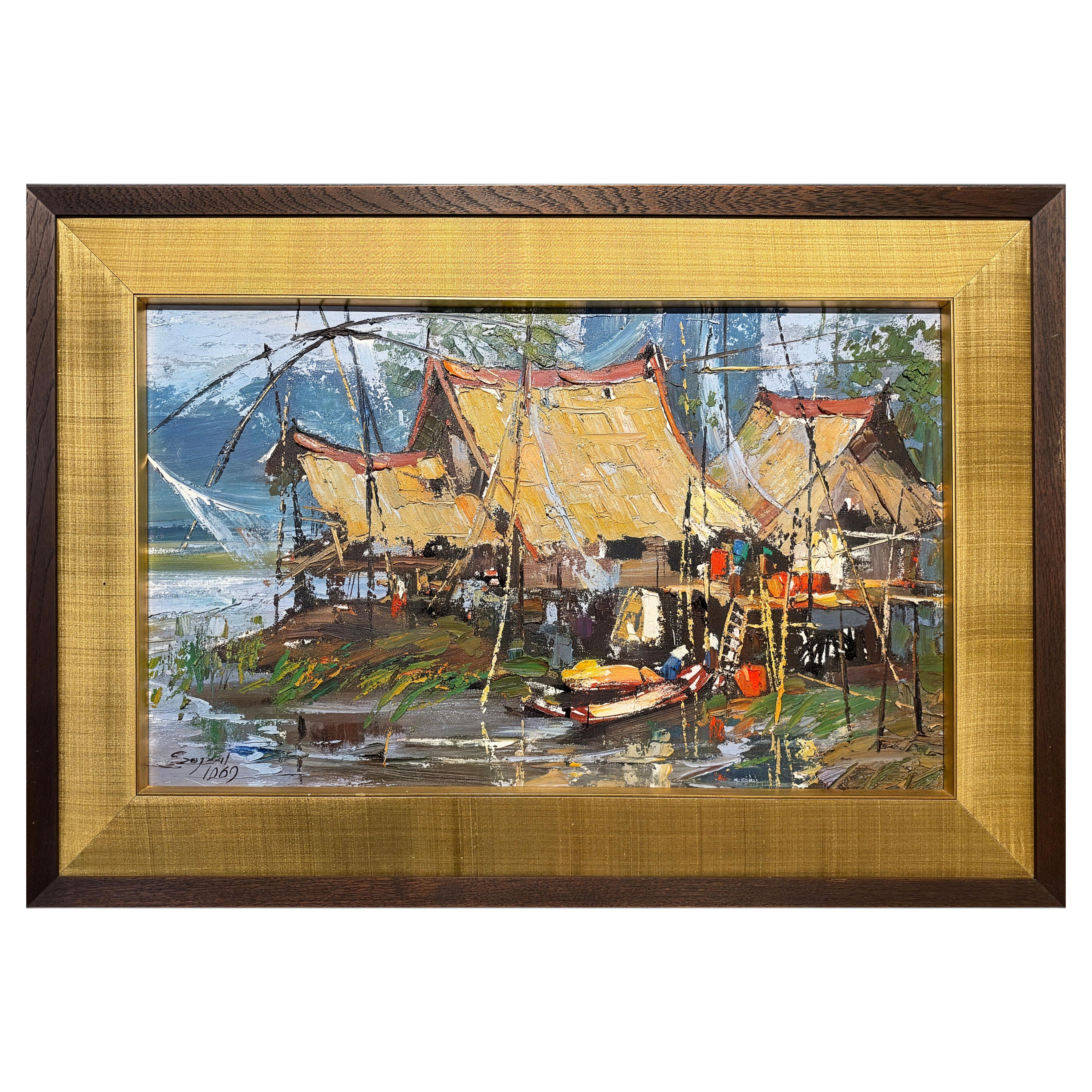 Sujarit Hirankul Thai artist, view of Siam (Thailand) Village scene 1969