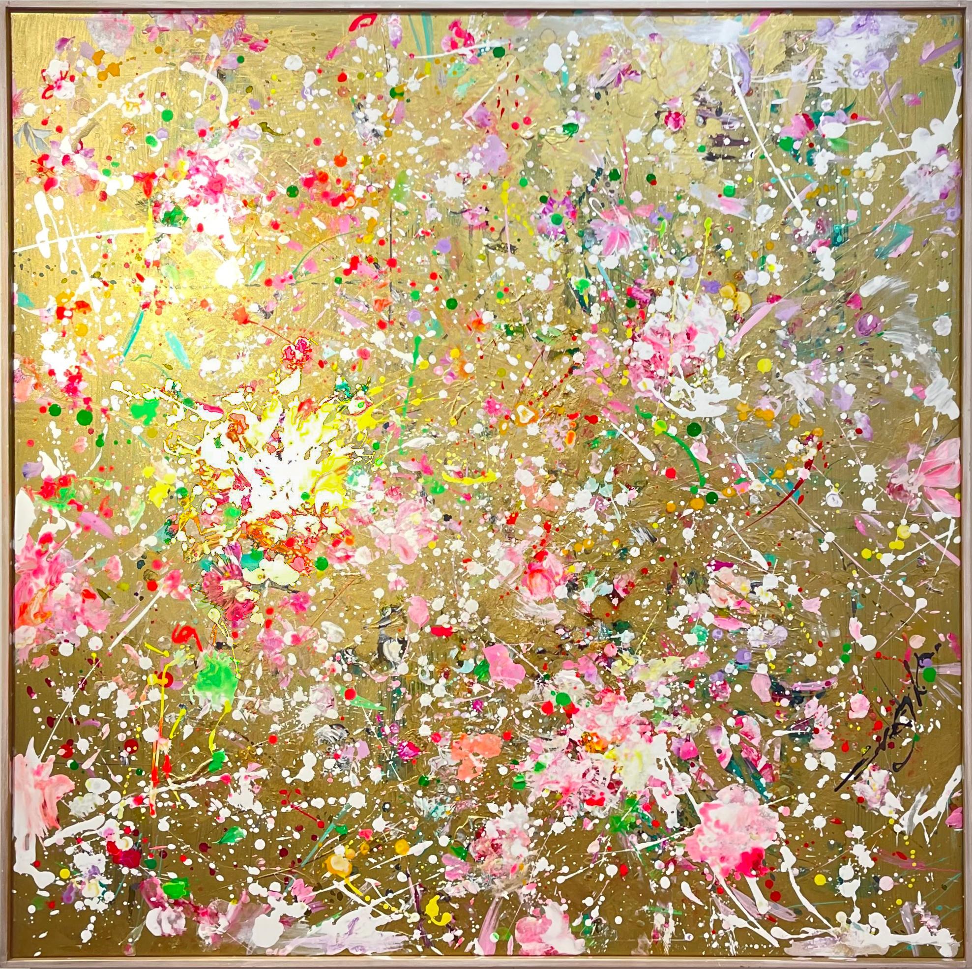 Blooming - Abstract Painting with Reflective Gold Leaf, Framed