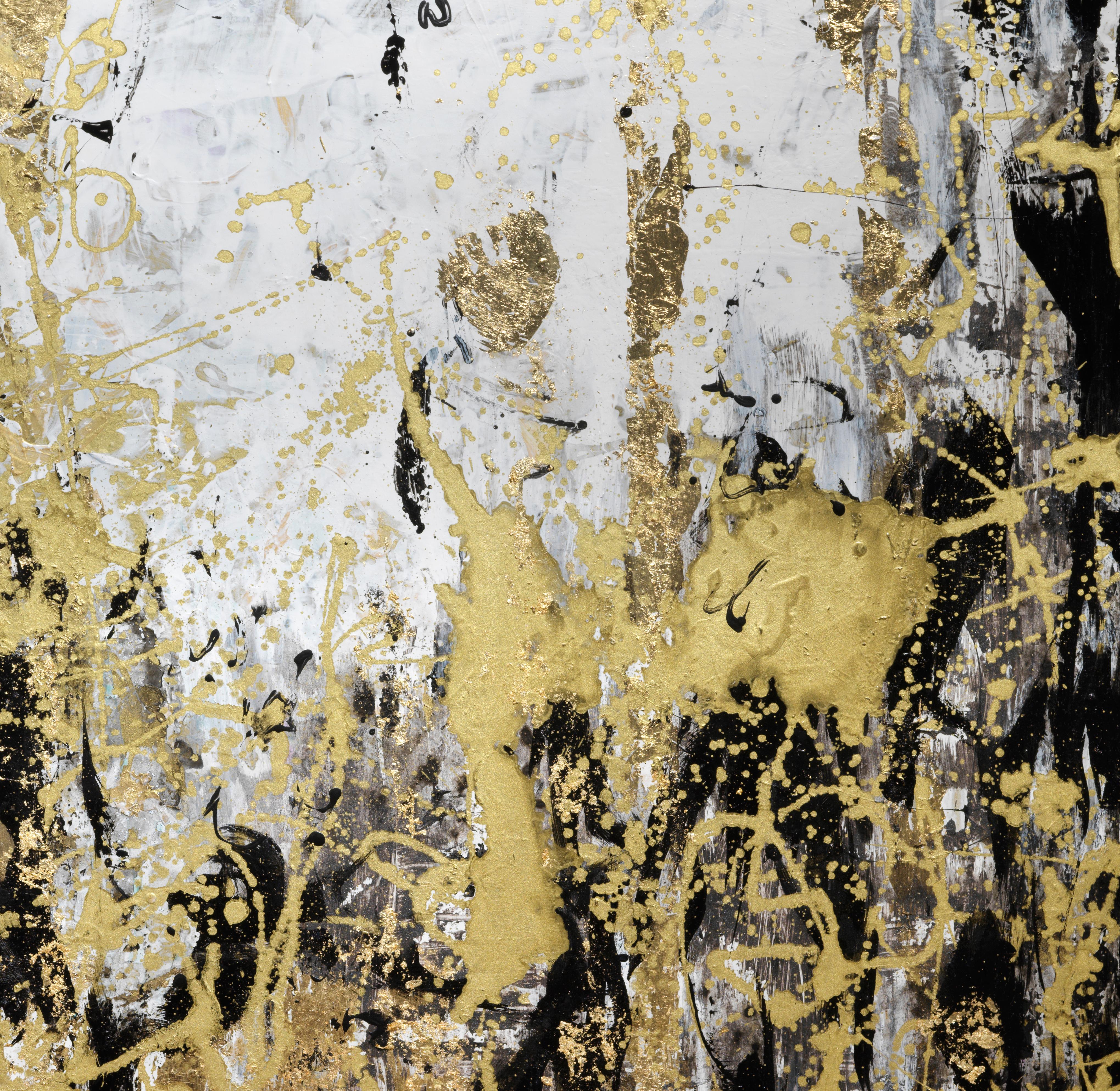 Il vento di ogni autunno (Ombra) - Pittura astratta con foglia d'oro, bianco e nero - Painting Contemporaneo di Suk Ja Kang