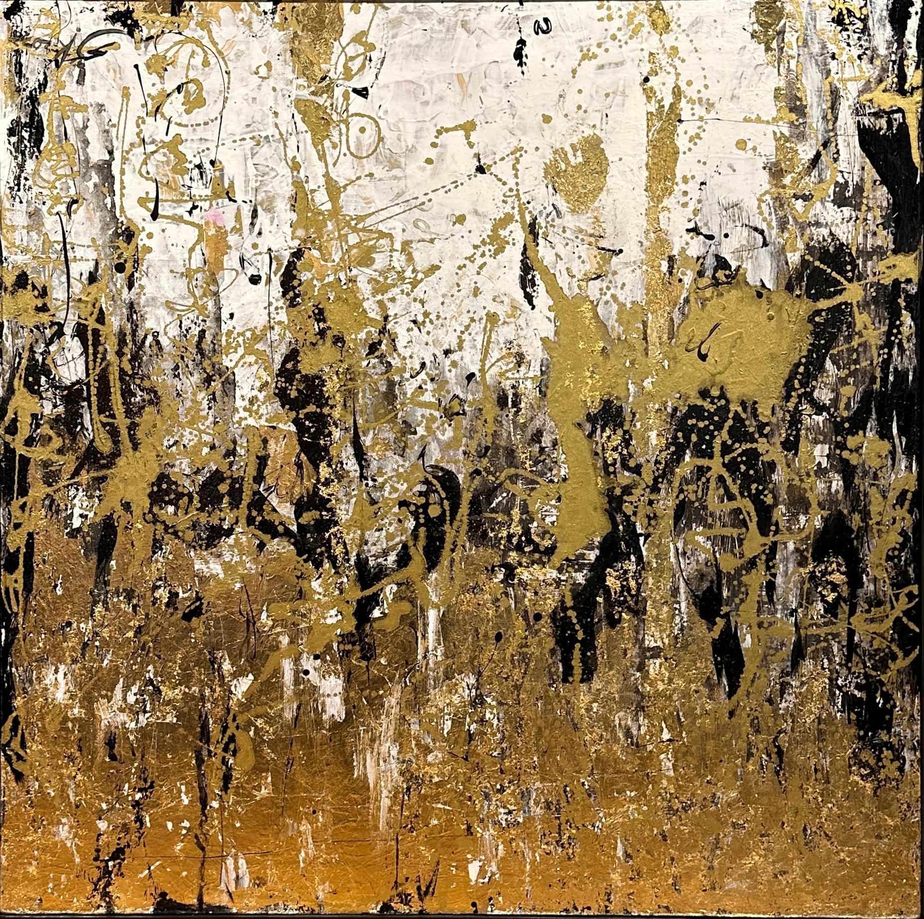 Il vento di ogni autunno (Ombra) - Pittura astratta con foglia d'oro, bianco e nero in vendita 1