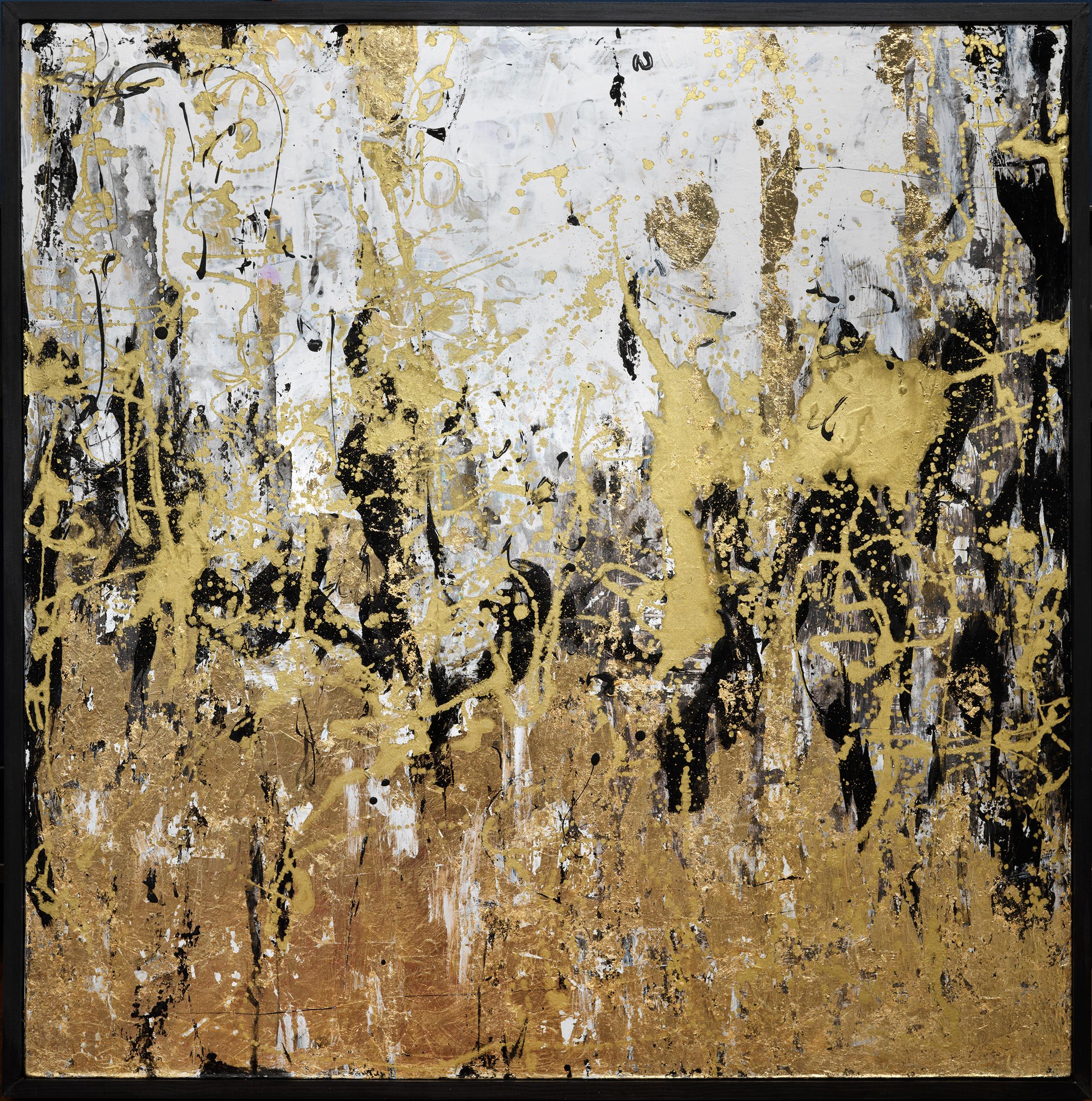 Abstract Painting di Suk Ja Kang - Il vento di ogni autunno (Ombra) - Pittura astratta con foglia d'oro, bianco e nero