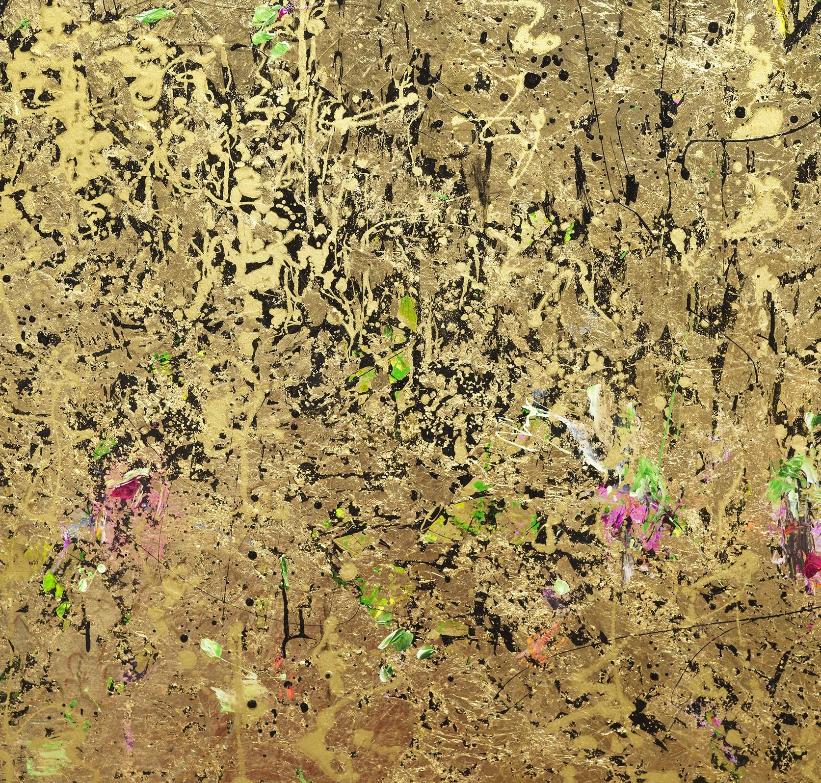 L'aile de chaque automne - Blossom.  Peinture abstraite, motifs floraux et feuille d'or - Painting de Suk Ja Kang