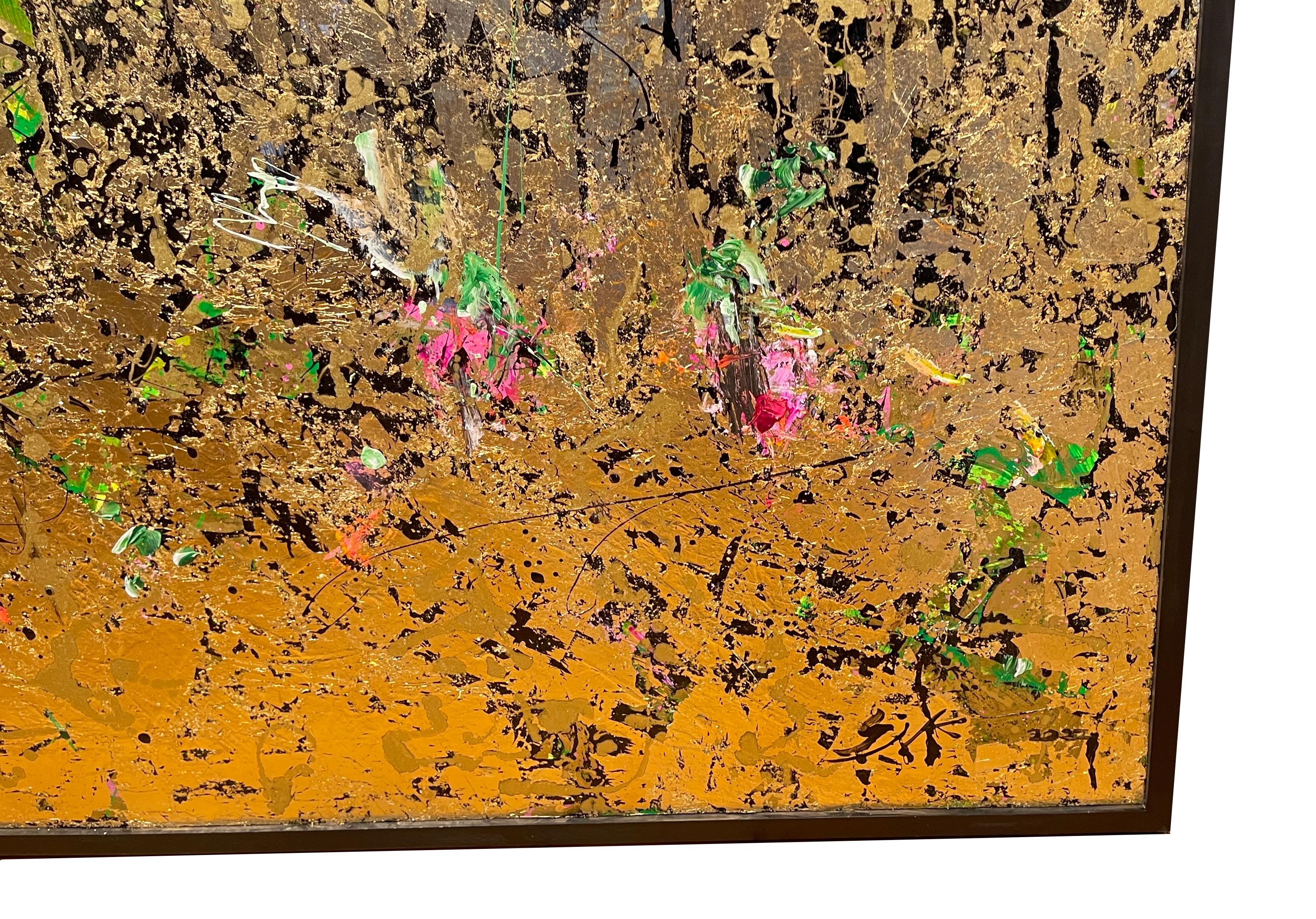 L'aile de chaque automne - Blossom.  Peinture abstraite, motifs floraux et feuille d'or en vente 2