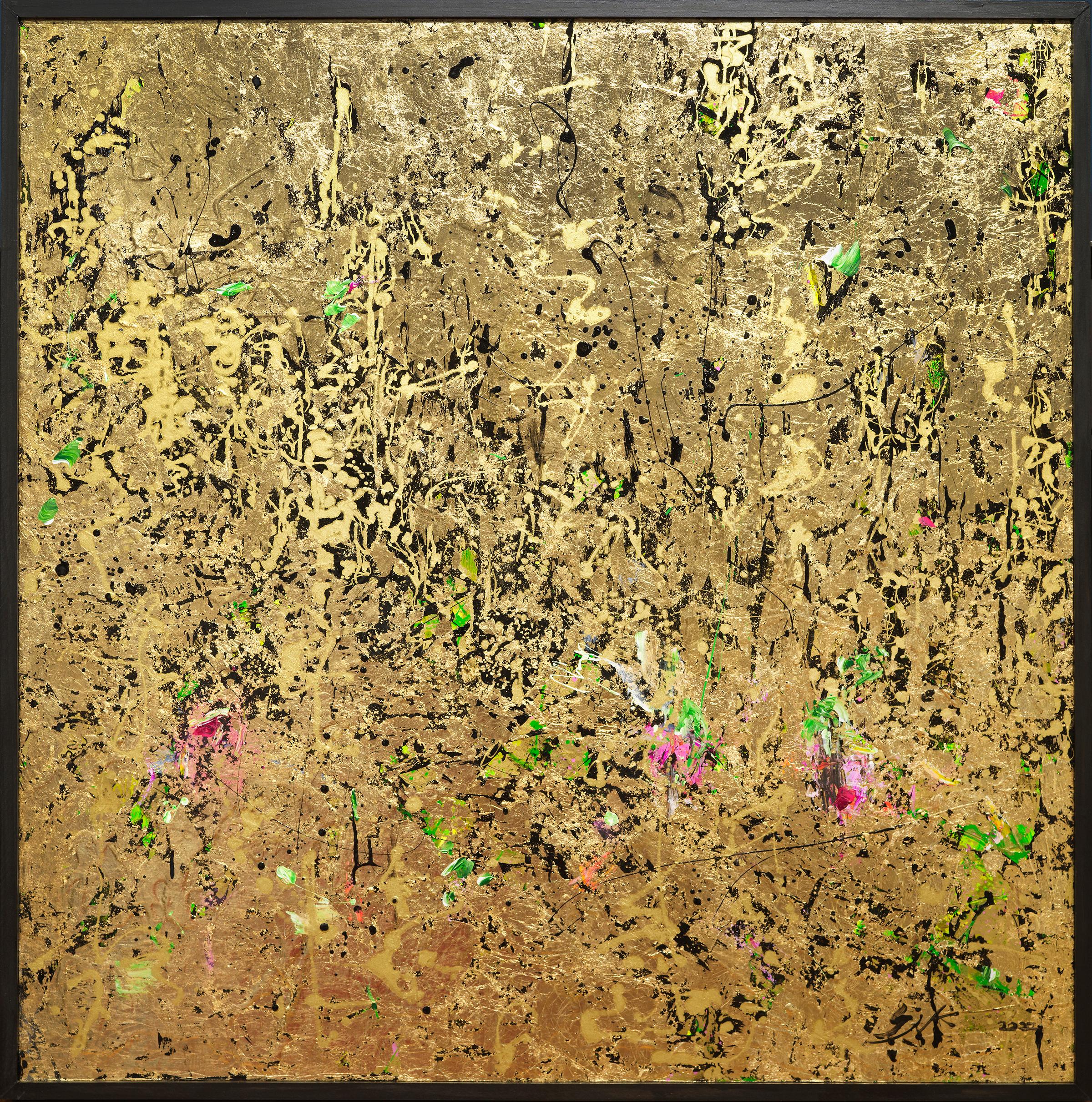 Abstract Painting di Suk Ja Kang - L'ala di ogni autunno - Blossom.  Pittura astratta, motivi floreali e foglie d'oro