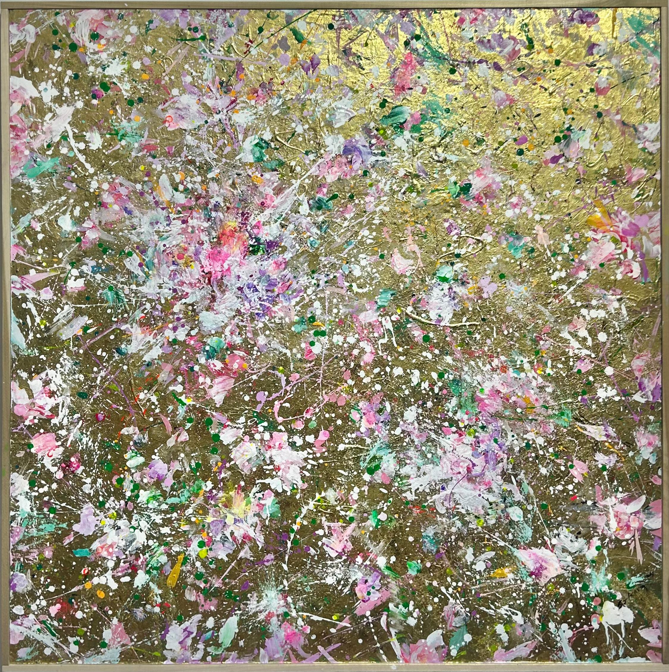 Suk Ja Kang Abstract Painting - Everyone Needs A Reason to Falling - Abstract Floral Painting with Gold Leaf