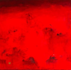 Eye-Con 22 - Grande peinture abstraite carrée en rouge audacieux avec accents noirs