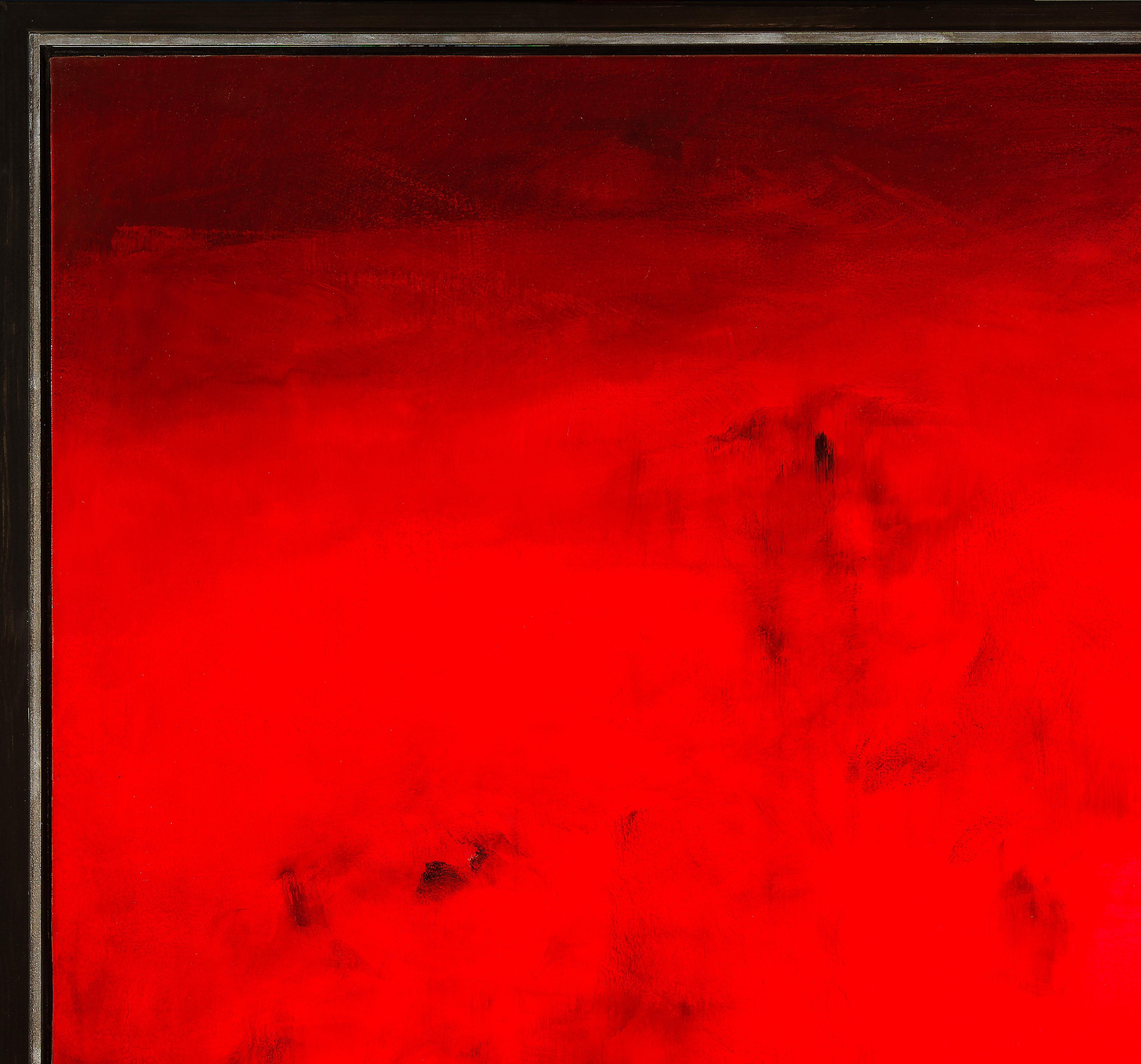 Eye-Con 22 - Großes quadratisches abstraktes Gemälde in kräftigem Rot mit schwarzen Akzenten (Zeitgenössisch), Painting, von Suk Ja Kang