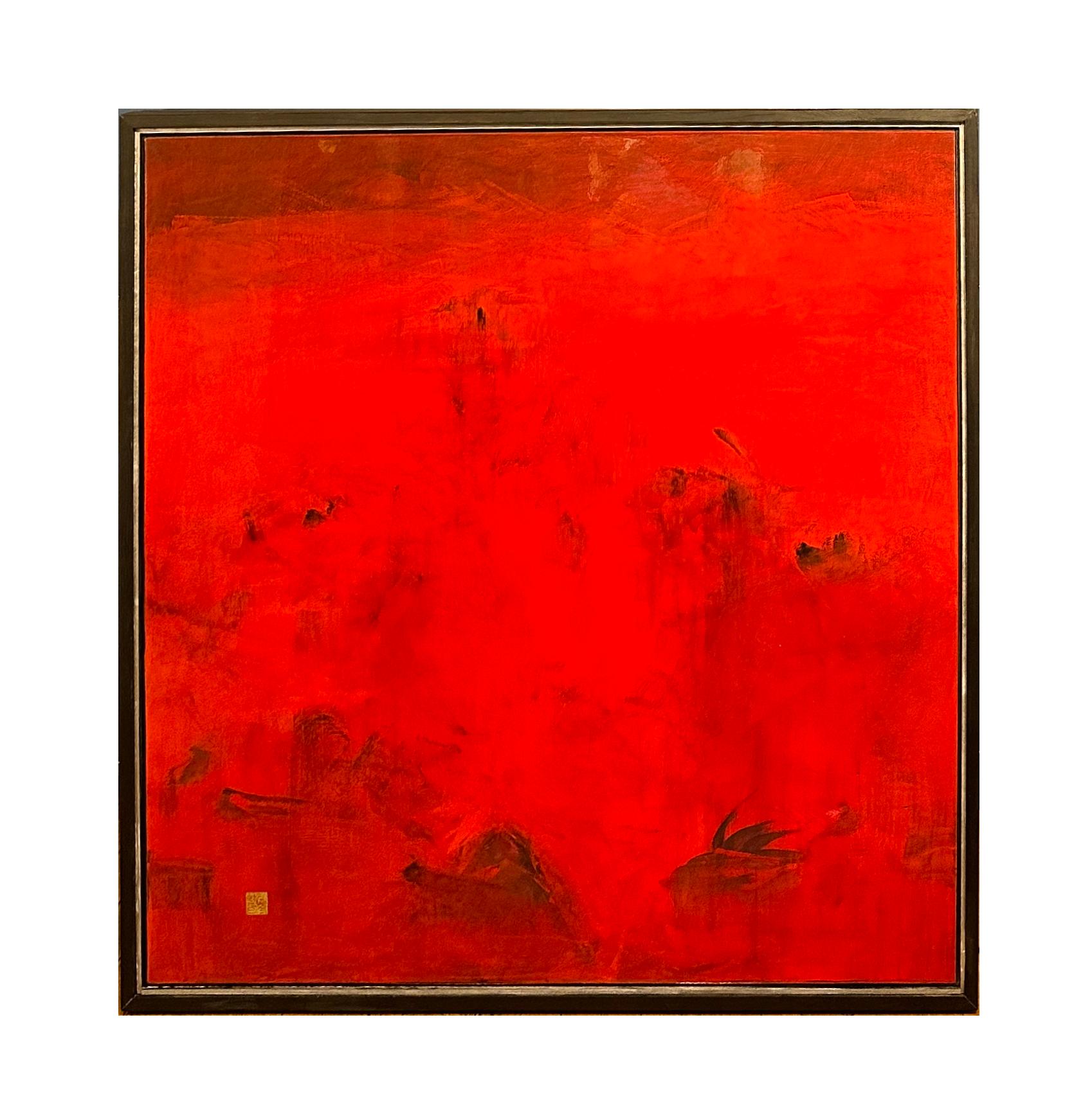 Suk Ja Kang Abstract Painting – Eye-Con 22 - Großes quadratisches abstraktes Gemälde in kräftigem Rot mit schwarzen Akzenten