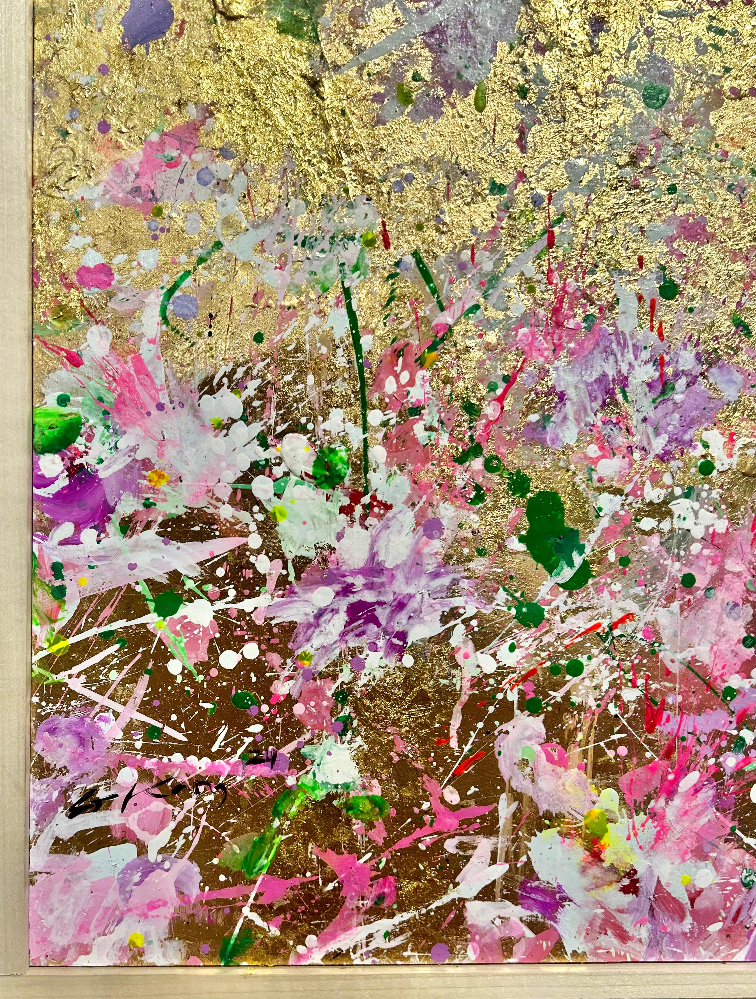 Scents of Passing Spring I - Abstract Floral Painting with Gold Leaf, Framed 1