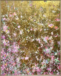 Scents of Passing Spring II, peinture abstraite avec feuille d'or réfléchissante