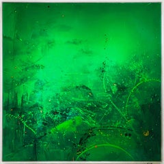 Shape of Thoughts - Large Abstract Painting in Bold Green with Black Accents
