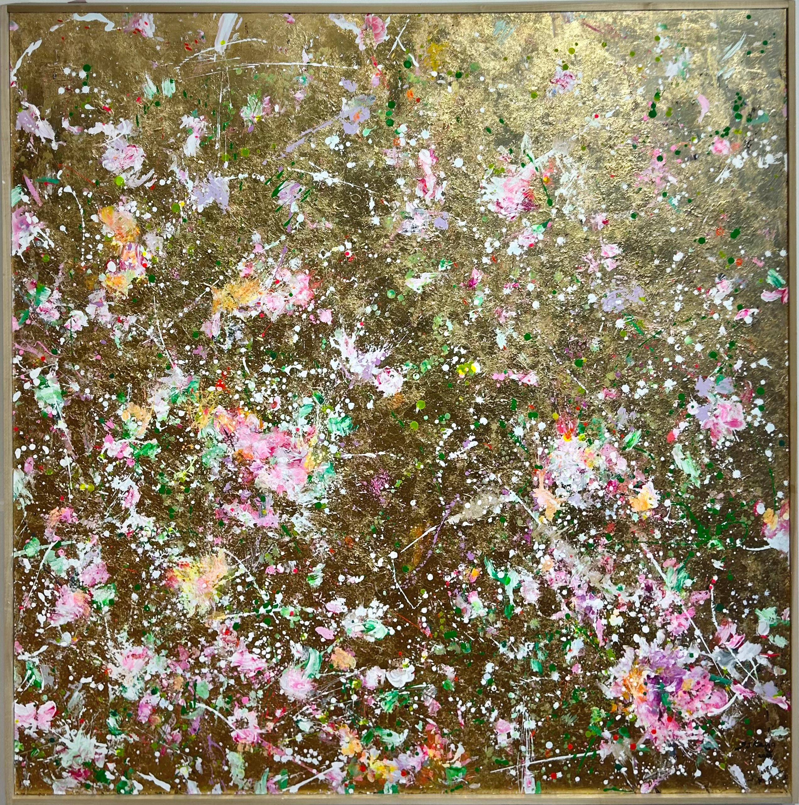 Stay With Me – Abstraktes Gemälde mit reflektierendem Blattgold, gerahmt