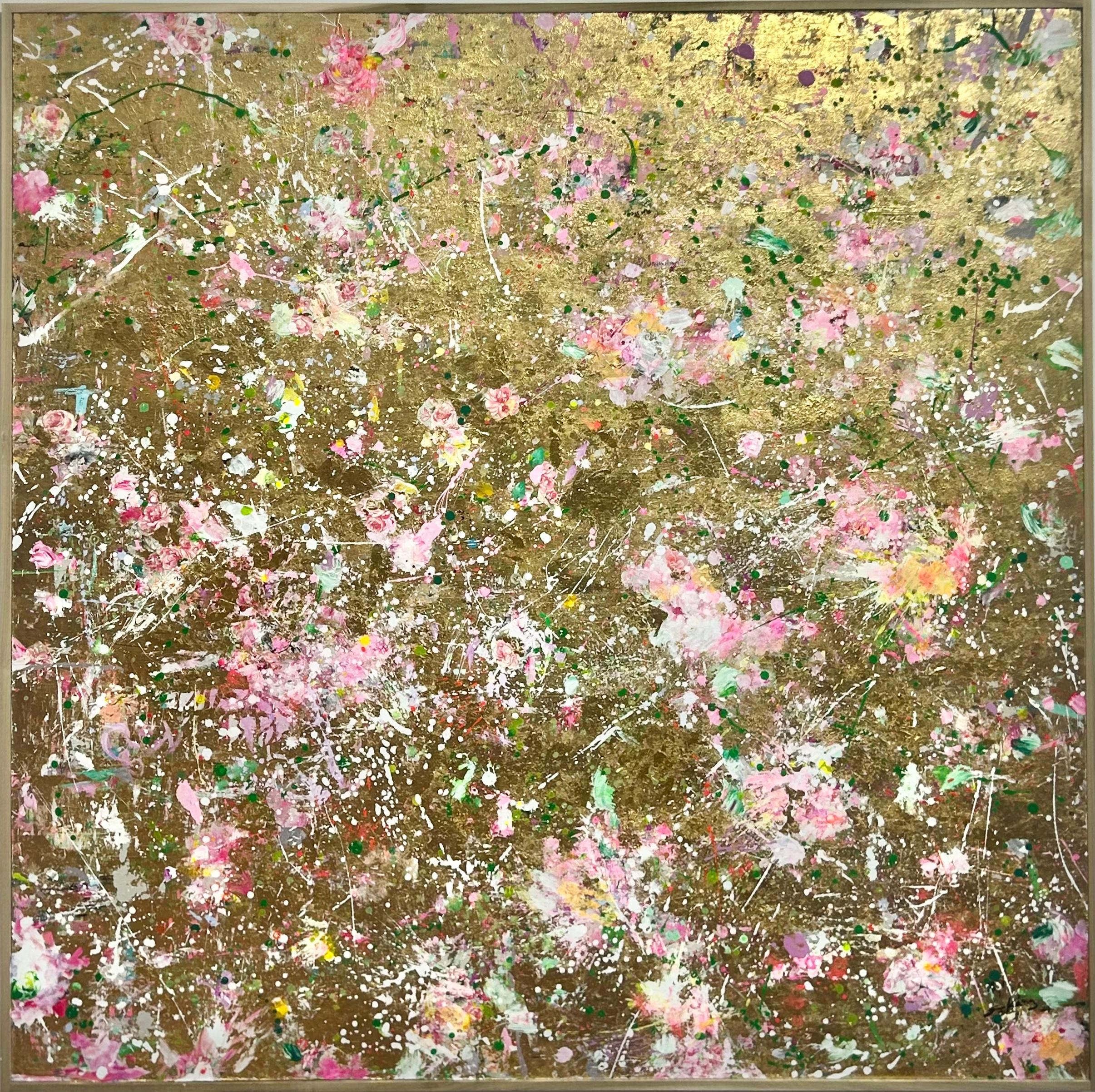 Suk Ja Kang Abstract Painting - You Have Lots of Me In You - Abstract Floral Painting with Gold Leaf, Framed