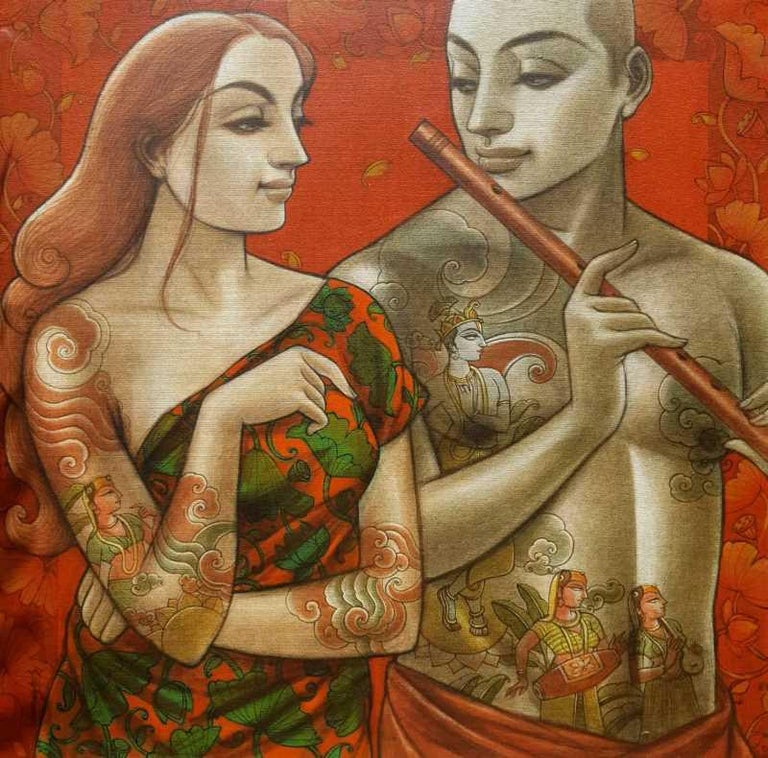 Couple, Indian Mythology, Acrylic on canvas, Red, Yellow, Green, Brown