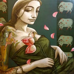 Une femme indienne avec des fleurs et un dessin de tatouage de mythologie sur son "In Stock"